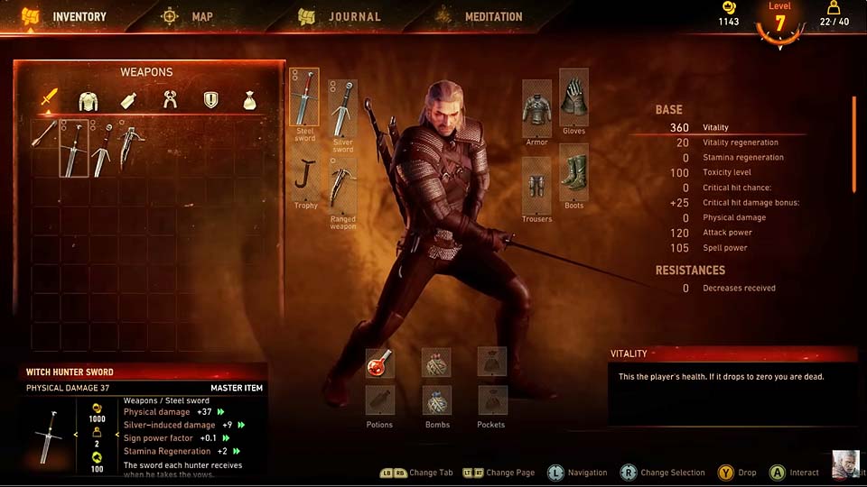 Screenshot Inventar, "The Witcher III"